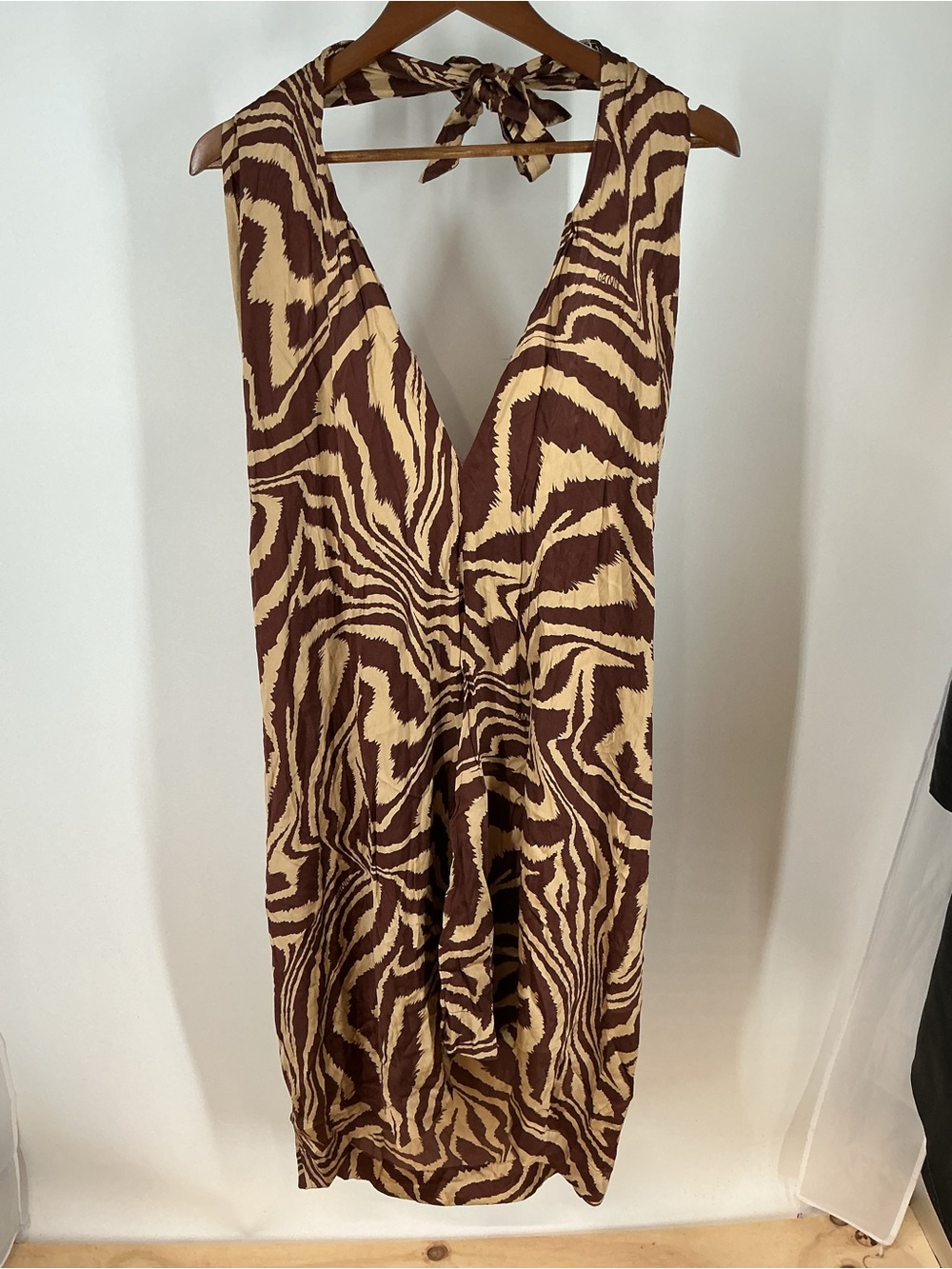 Ganni Brown and Cream Zebra-Print Sleeveless Halter Dress Size 38